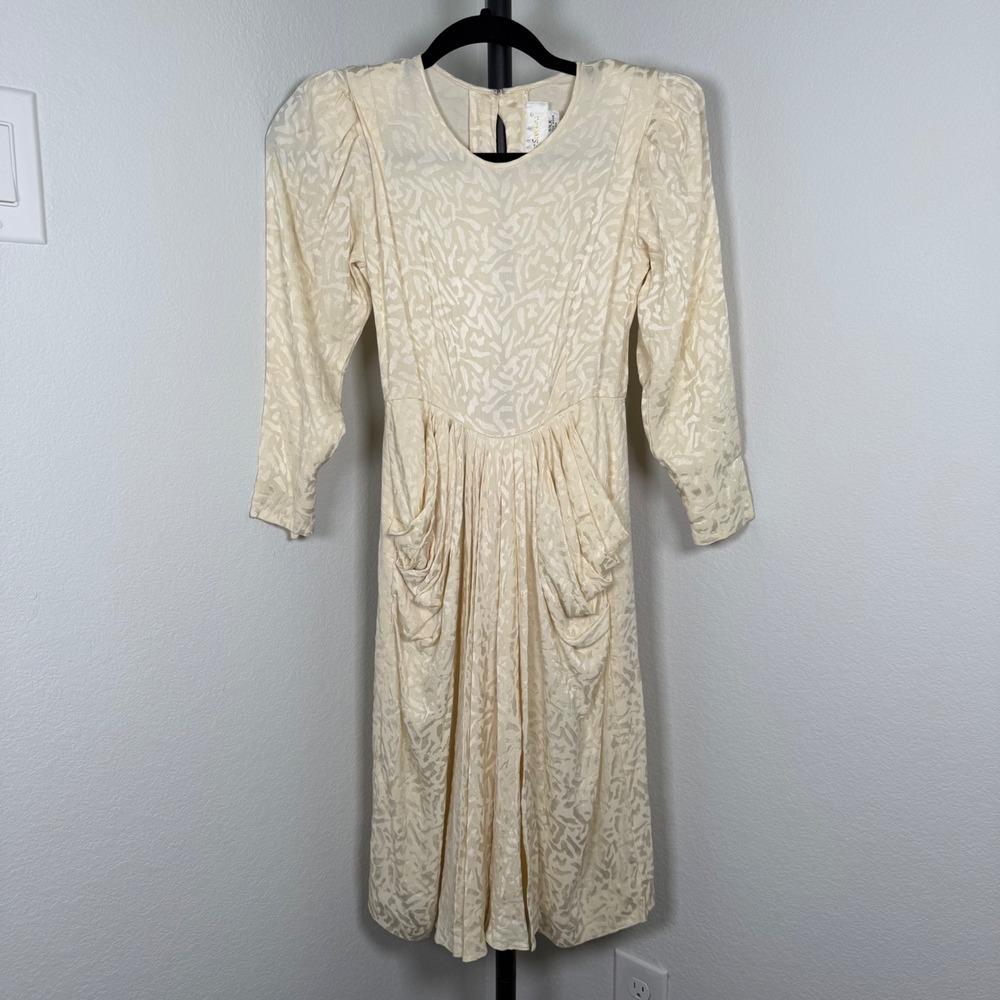 Vintage Four Seasons Silk Jacquard Midi Dress Ivory Cream Long Sleeve Size 2